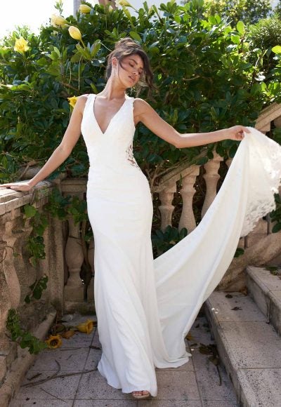 Sleeveless V-neck Embroidered Lace Wedding Dress With Illusion Back by Essense of Australia
