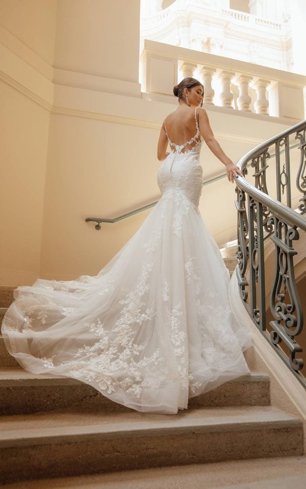 Spaghetti Strap Lace Fit And Flare Wedding Dress With Plunging Neckline And Open Back by Essense of Australia - Image 2