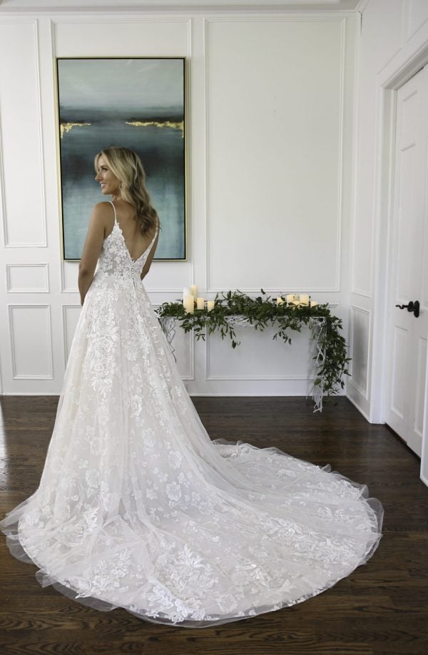 Spaghetti Strap V-neckline Lace A-line Wedding Dress With Tulle Layered Skirt by Essense of Australia - Image 2