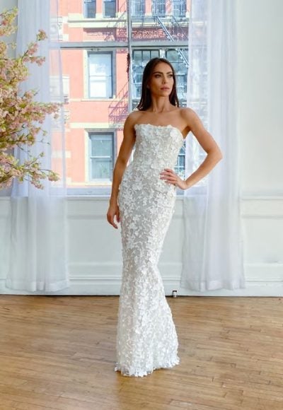 Strapless Sheath Wedding Dress With Embroidered Beaded Lace And Back Slit by Ines by Ines Di Santo