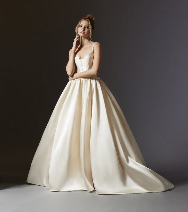 Sleeveless Satin Ball Gown Wedding Dress With French Corset Bodice by Lazaro - Image 1