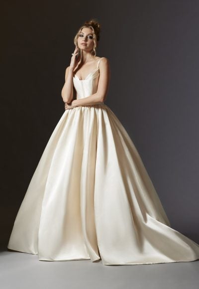 Sleeveless Satin Ball Gown Wedding Dress With French Corset Bodice by Lazaro