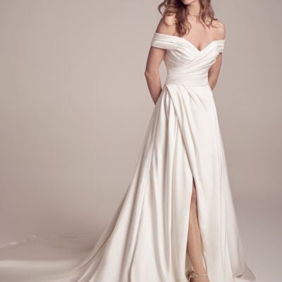 Asymmetrical Pleated Off The Shoulder A-line Wedding Dress | Kleinfeld ...
