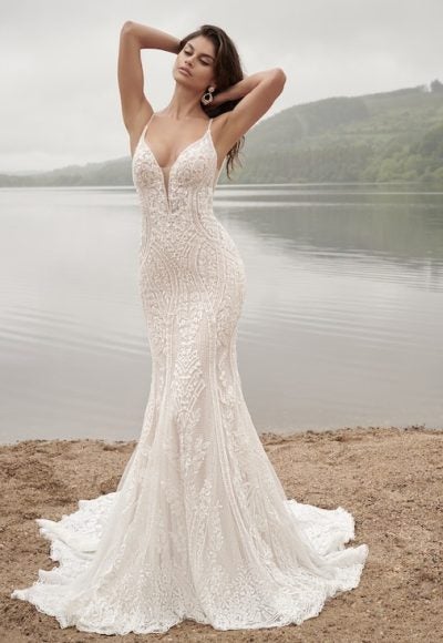 Spaghetti Strap Beaded Lace Fit And Flare Wedding Dress With Open Back And Dramatic Train by Maggie Sottero