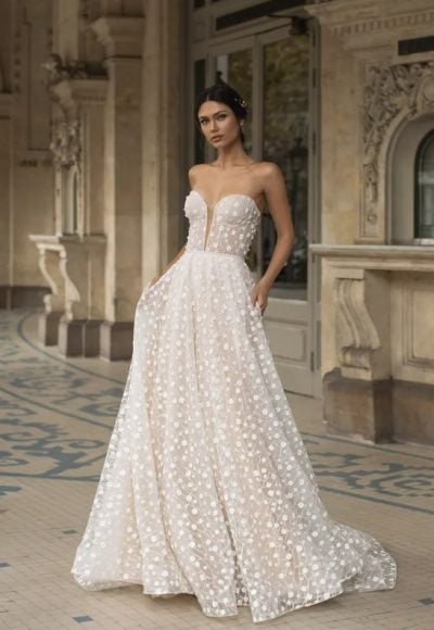 Strapless Sweetheart Neckline Embroidered A-line Wedding Dress by Pronovias