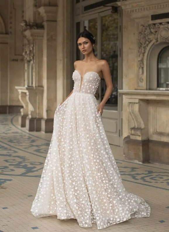 Strapless Sweetheart Neckline Embroidered A-line Wedding Dress by Pronovias - Image 1