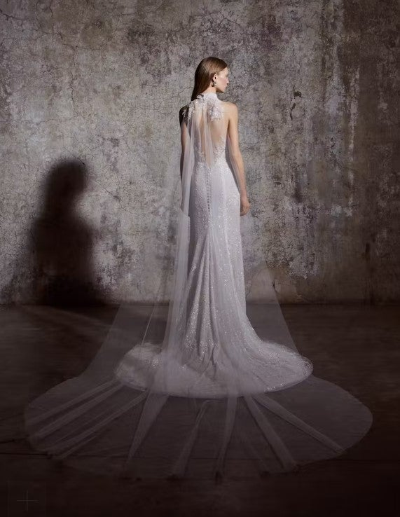 Beaded Sleeveless Sheath Wedding Dress With High Neckline And Open Illusion Back by Rivini - Image 2