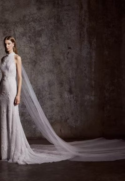 Beaded Sleeveless Sheath Wedding Dress With High Neckline And Open Illusion Back by Rivini