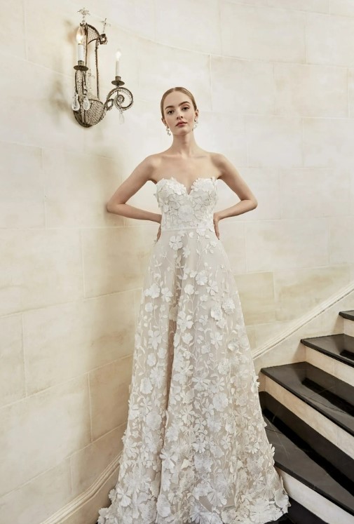 Strapless A-line Wedding Dress With Embroidered 3D Floral by Sareh Nouri - Image 1