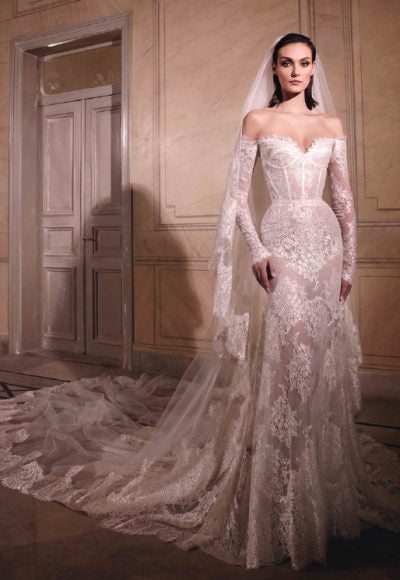 Off The Shoulder Lace Long Sleeve Fit And Flare Wedding Dress by Zuhair Murad