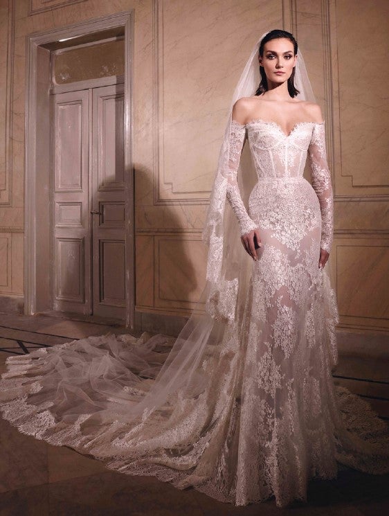 Off The Shoulder Lace Long Sleeve Fit And Flare Wedding Dress by Zuhair Murad - Image 1