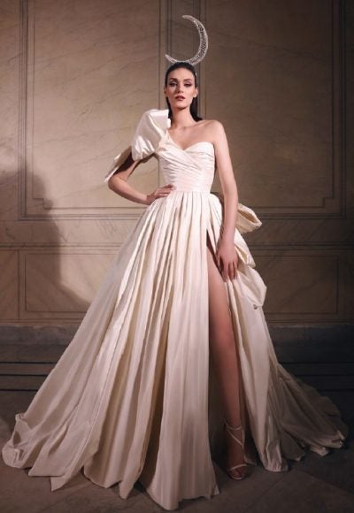 One Shoulder Ball Gown Wedding Dress With Bows And Front Slit by Zuhair Murad