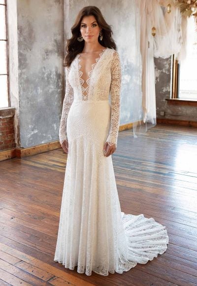Long Sleeve Lace Deep V-neckline Fit And Flare Wedding Dress by All Who Wander