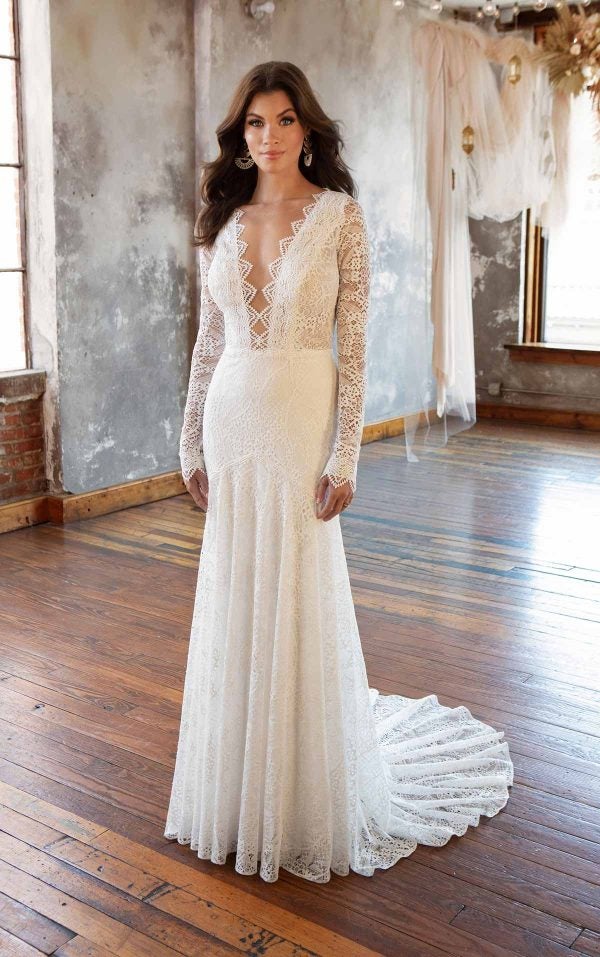 Long Sleeve Lace Deep V-neckline Fit And Flare Wedding Dress by All Who Wander - Image 1