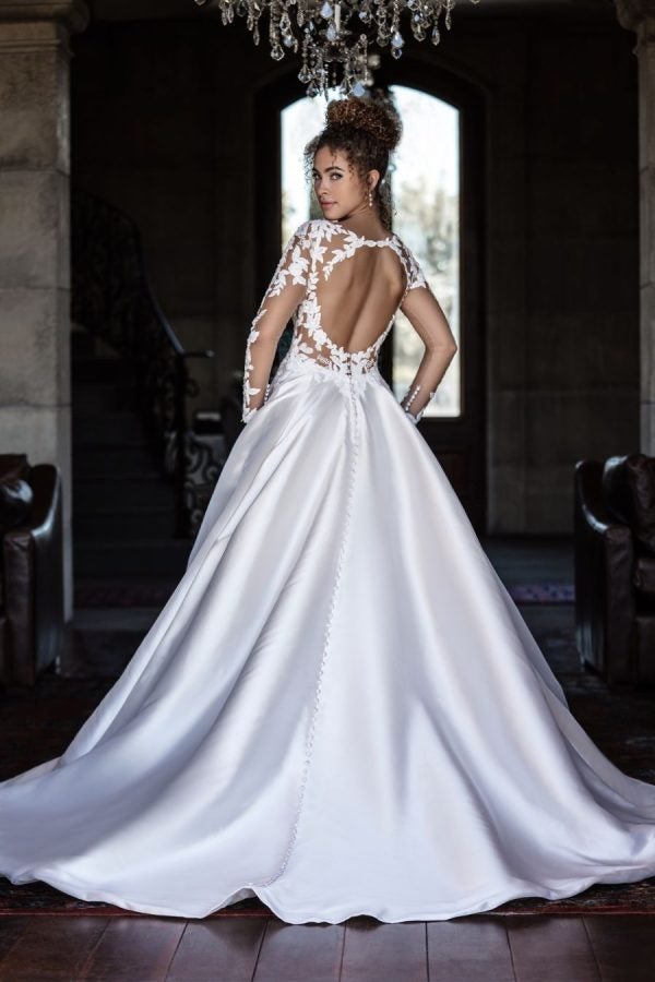 Long Sleeve Ball Gown Wedding Dress With Lace Bodice And Mikado Skirt by Allure Bridals - Image 2