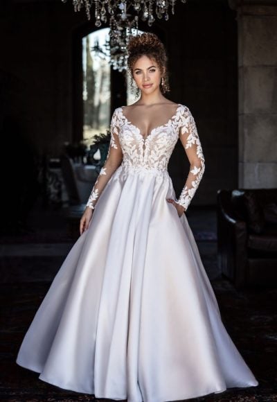 Long Sleeve Ball Gown Wedding Dress With Lace Bodice And Mikado Skirt by Allure Bridals