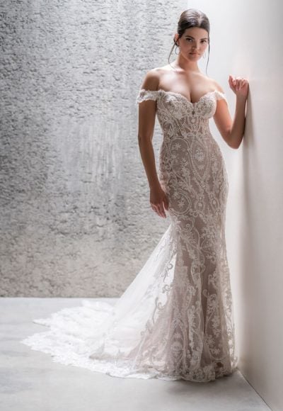 Off The Shoulder Lace Sheath Wedding Dress by Allure Bridals