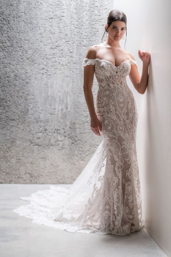 Off The Shoulder Lace Sheath Wedding Dress by Allure Bridals - Image 1
