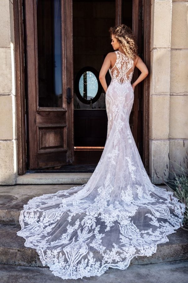 Sleeveless V-neck Sheath Wedding Dress With Illusion Lace Back by Allure Bridals - Image 2