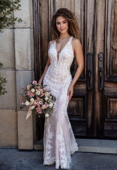 Sleeveless V-neck Sheath Wedding Dress With Illusion Lace Back by Allure Bridals