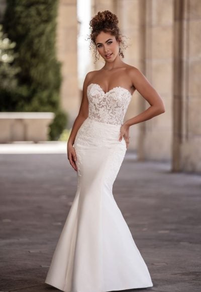 Strapless Mikado Fit And Flare Wedding Dress With Lace Bodice by Allure Bridals