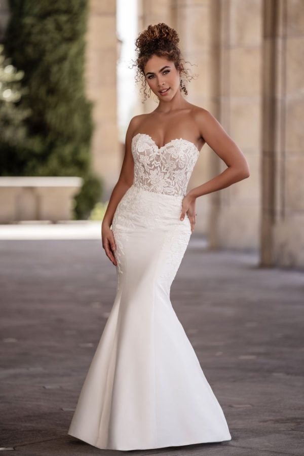 Strapless Mikado Fit And Flare Wedding Dress With Lace Bodice by Allure Bridals - Image 1