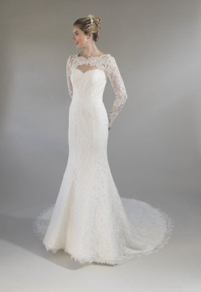 Long Sleeve Lace Fit And Flare Wedding Dress With Bateau Neck And Open Back by Augusta Jones