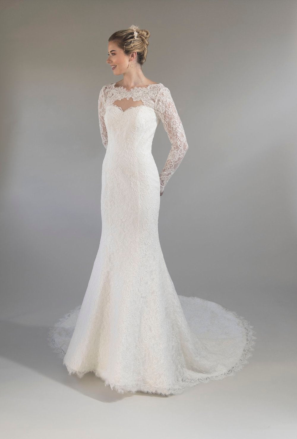 Long Sleeve Lace Fit And Flare Wedding Dress With Bateau Neck And Open