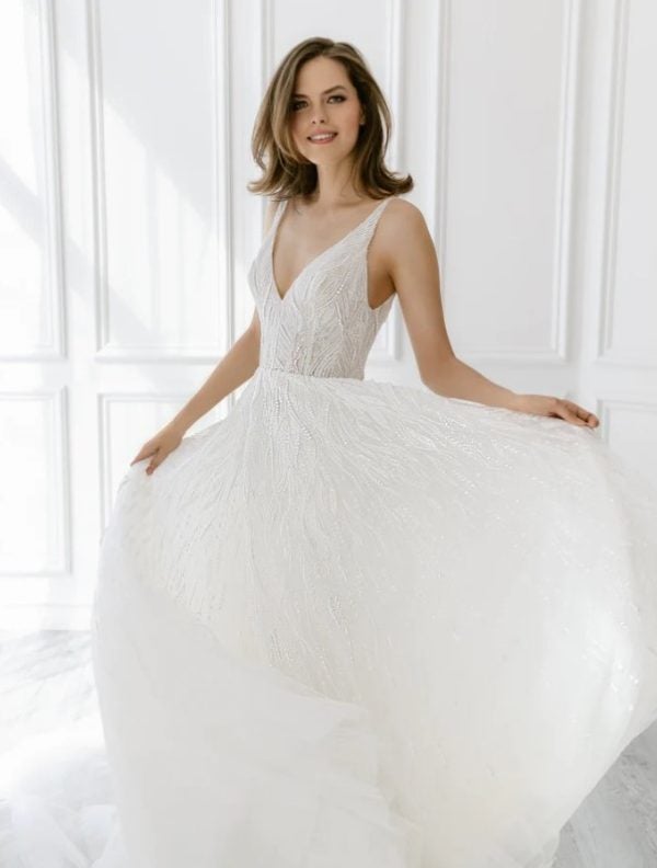 Sleeveless Beaded A-line Wedding Dress With V-neckline by Enaura Bridal - Image 1