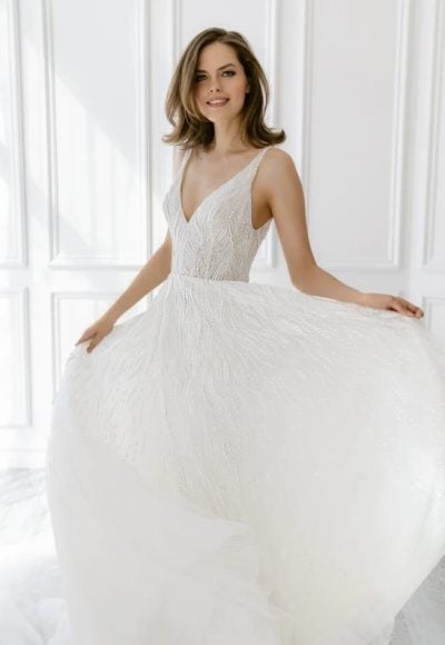 Sleeveless Beaded A-line Wedding Dress With V-neckline by Enaura Bridal