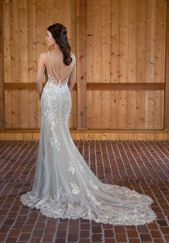 Sleeveless V-neckline Fit And Flare Lace Wedding Dress With Open Beaded Back by Essense of Australia - Image 2