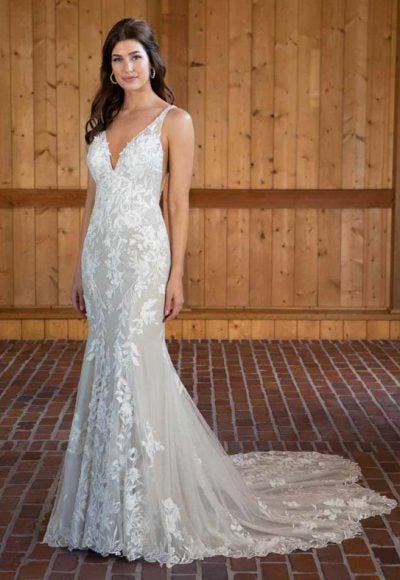 Sleeveless V-neckline Fit And Flare Lace Wedding Dress With Open Beaded Back by Essense of Australia