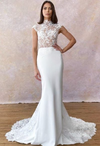 Lace High Neck Sheath Wedding Dress With Cap Sleeves by Ines by Ines Di Santo