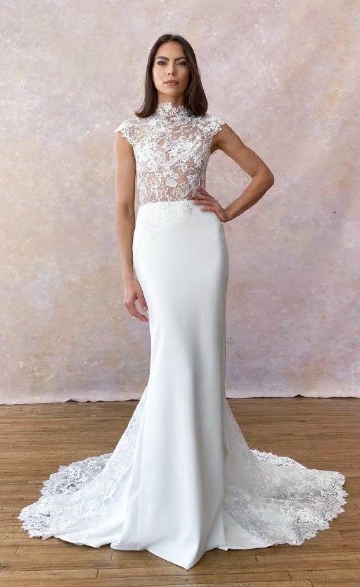 Short Sleeve High Neckline Sequin Lace Wedding Dress With High