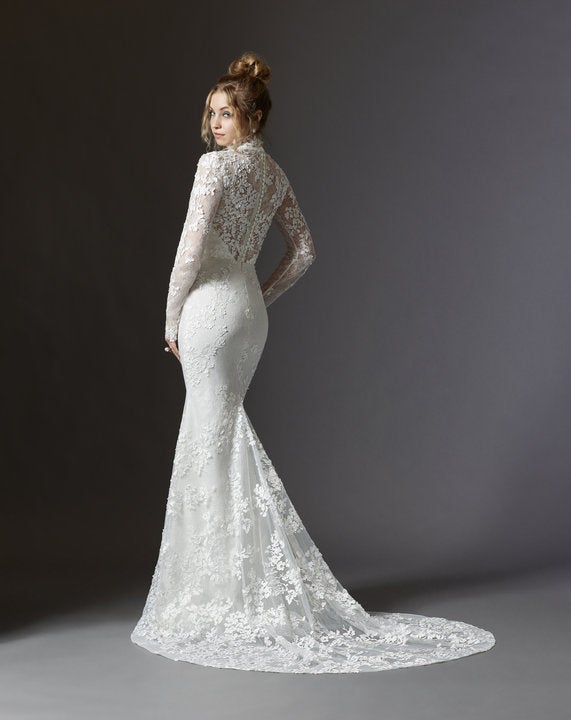 Lace High Neckline Wedding Dress With Long Sleeves And Detachable Overskirt by Lazaro - Image 2