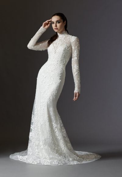 Lace High Neckline Wedding Dress With Long Sleeves And Detachable Overskirt by Lazaro