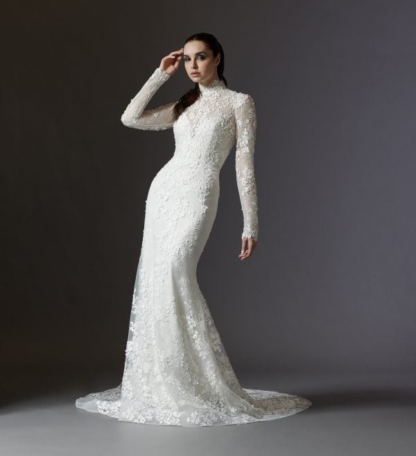 Lace High Neckline Wedding Dress With Long Sleeves And Detachable Overskirt by Lazaro - Image 1