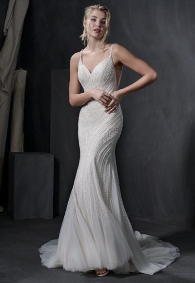 Beaded Fit And Flare Wedding Dress With Spaghetti Straps. by Maggie Sottero