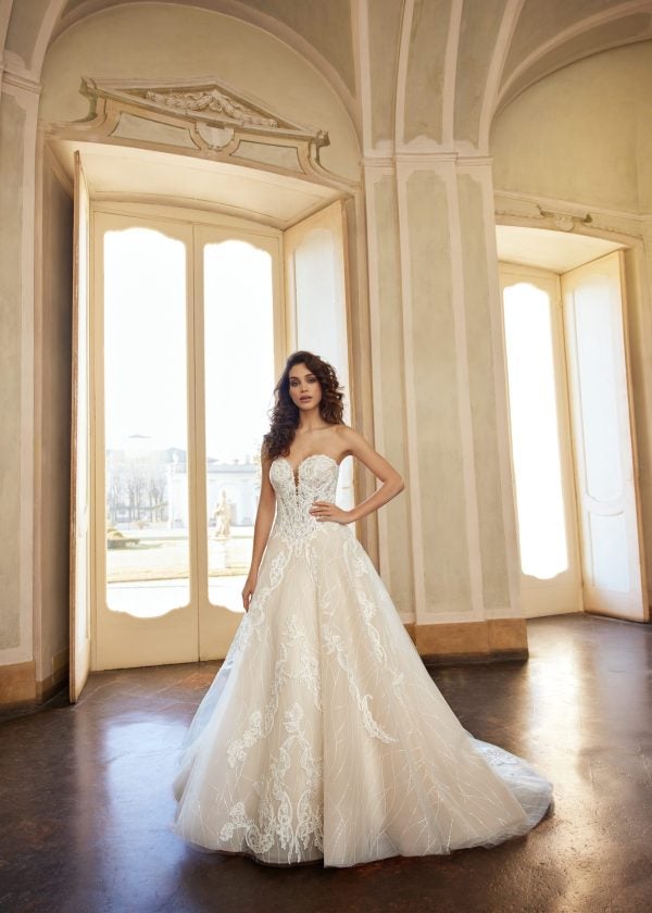 Strapless Ball Gown Wedding Dress With Lace Applique Throughout by Randy Fenoli - Image 1