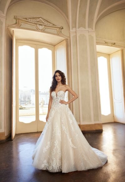 Strapless Ball Gown Wedding Dress With Lace Applique Throughout by Randy Fenoli