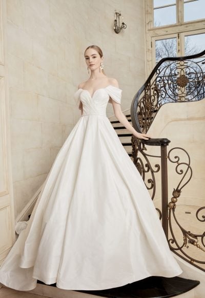 Off The Shoulder Ballgown Wedding Dress With Pleated Skirt by Sareh Nouri
