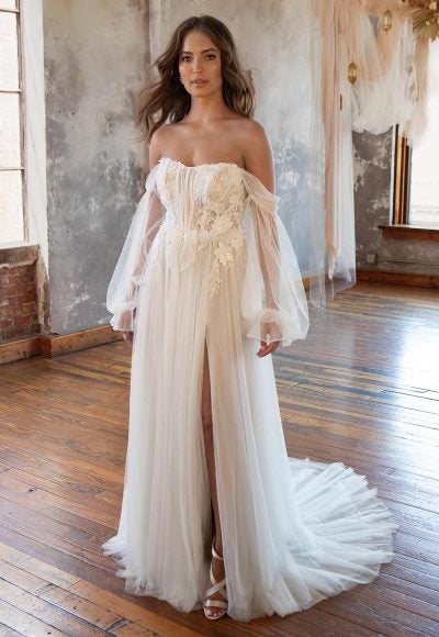 A-line Tulle Wedding Dress With Detachable Off The Shoulder Long Sleeves by All Who Wander