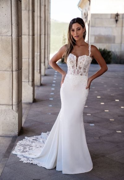 Crepe Sheath Wedding Dress With Lace Bodice. by Allure Bridals