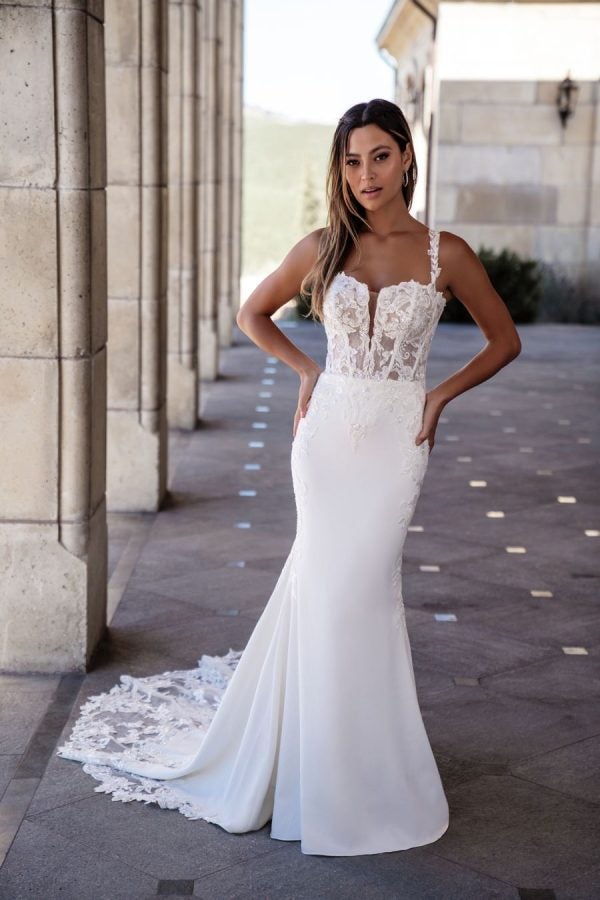 Crepe Sheath Wedding Dress With Lace Bodice. by Allure Bridals - Image 1