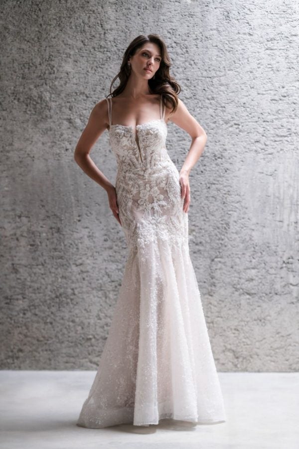 Lace Fit And Flare Wedding Dress With Spaghetti Straps And Open Back. by Allure Bridals - Image 1