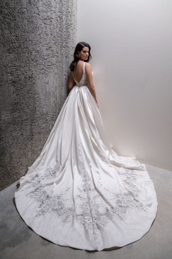 Sleeveless Satin Ball Gown Wedding Dress With Lace Bodice And Train. by Allure Bridals - Image 2