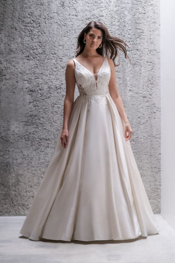 Sleeveless Satin Ball Gown Wedding Dress With Lace Bodice And Train. by Allure Bridals - Image 1