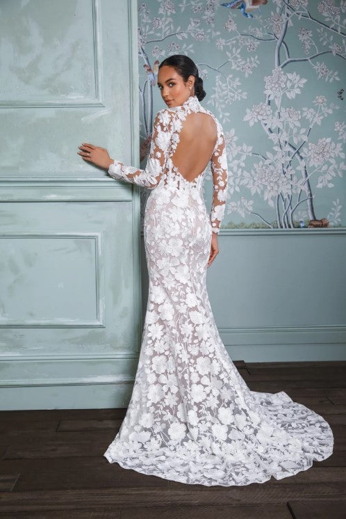 Long Sleeve Lace Fit And Flare Wedding Dress With High Neck And Open Back by Anne Barge - Image 2