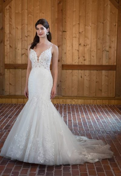 Lace Fit And Flare Wedding Dress With Spaghetti Straps by Essense of Australia