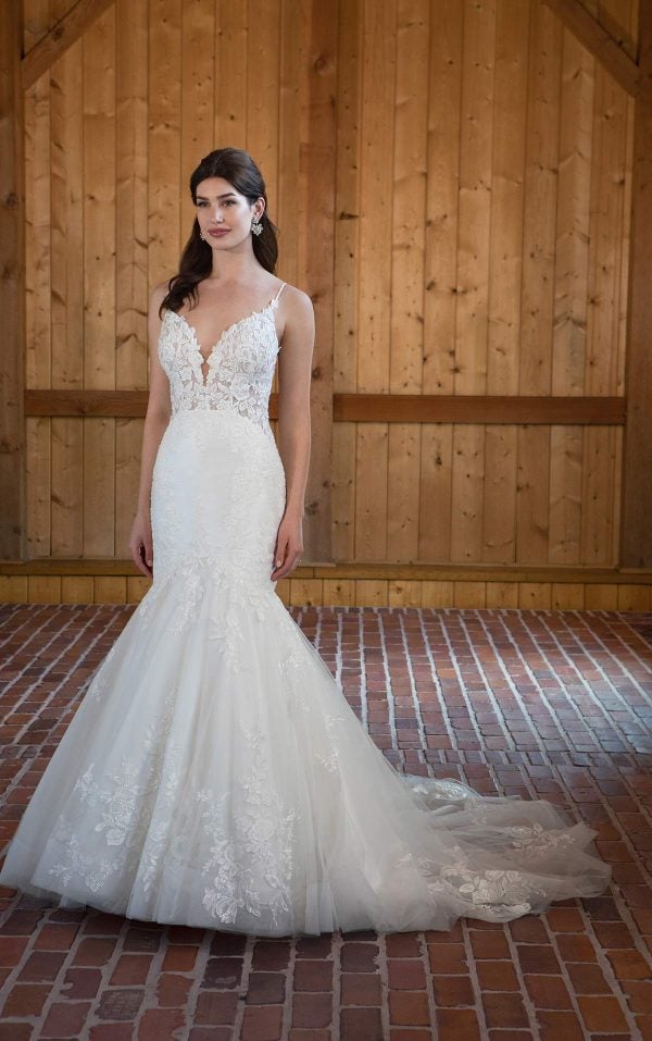 Lace Fit And Flare Wedding Dress With Spaghetti Straps by Essense of Australia - Image 1